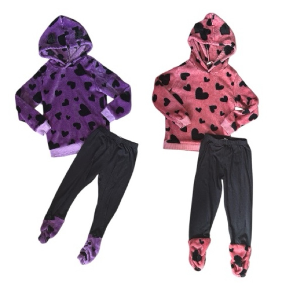 SHEIN Kids Matching Sets - Purple and Pink Heart Hoodies with Black Pants